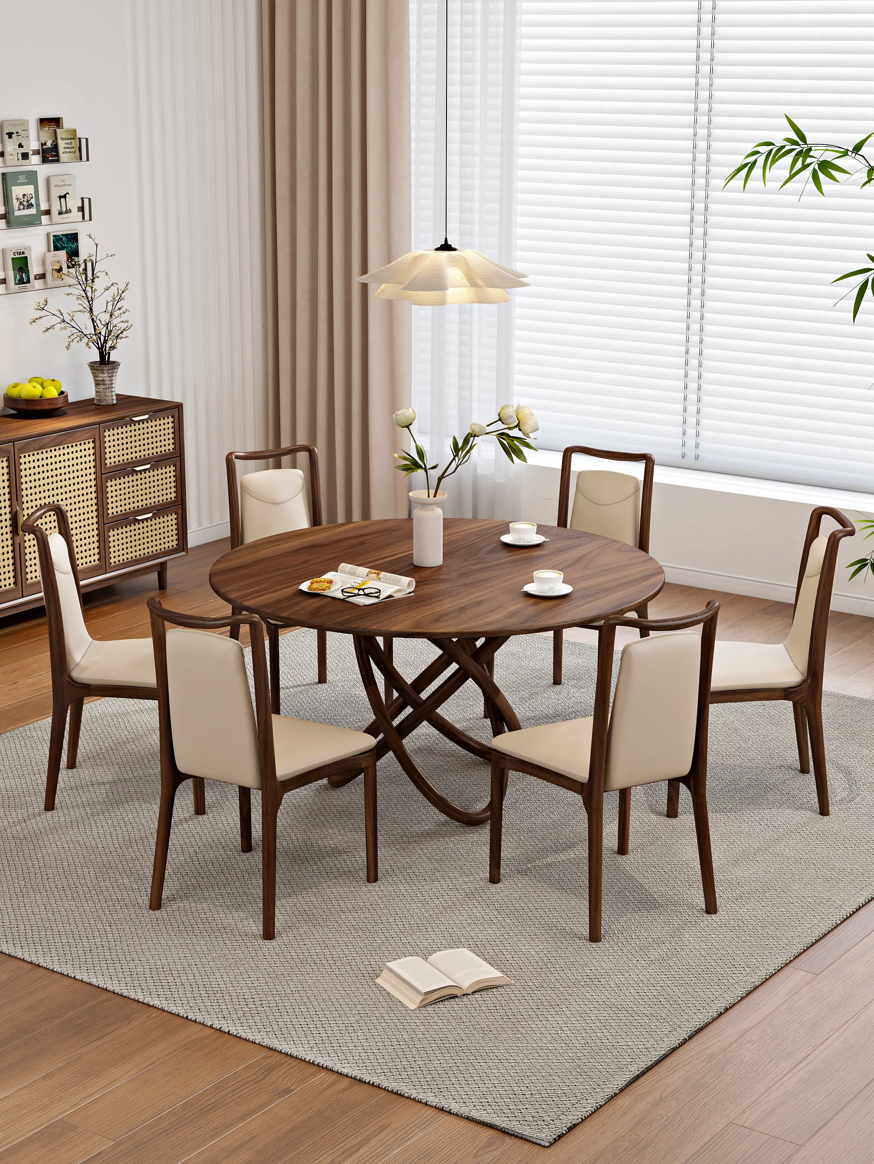 ZK round dining table all solid wood household glass dining table and chair combination turntable eating table
