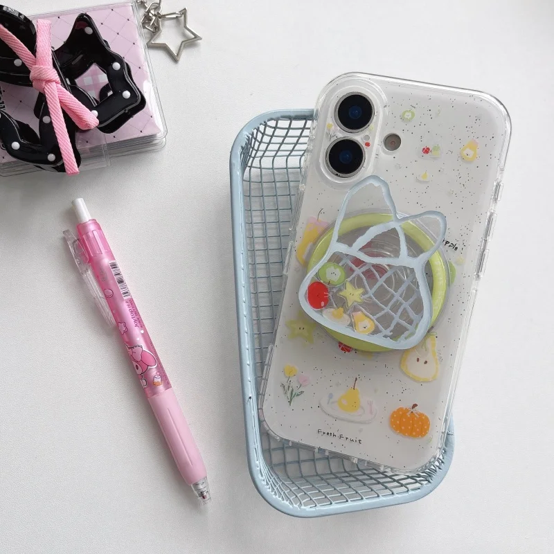 Korean Cute Fruit Splash Ink Magnetic Phone Case For iPhone 17 Pro 16 15 Pro Max Cover with Shopping Bag Stand For Magsafe Cases