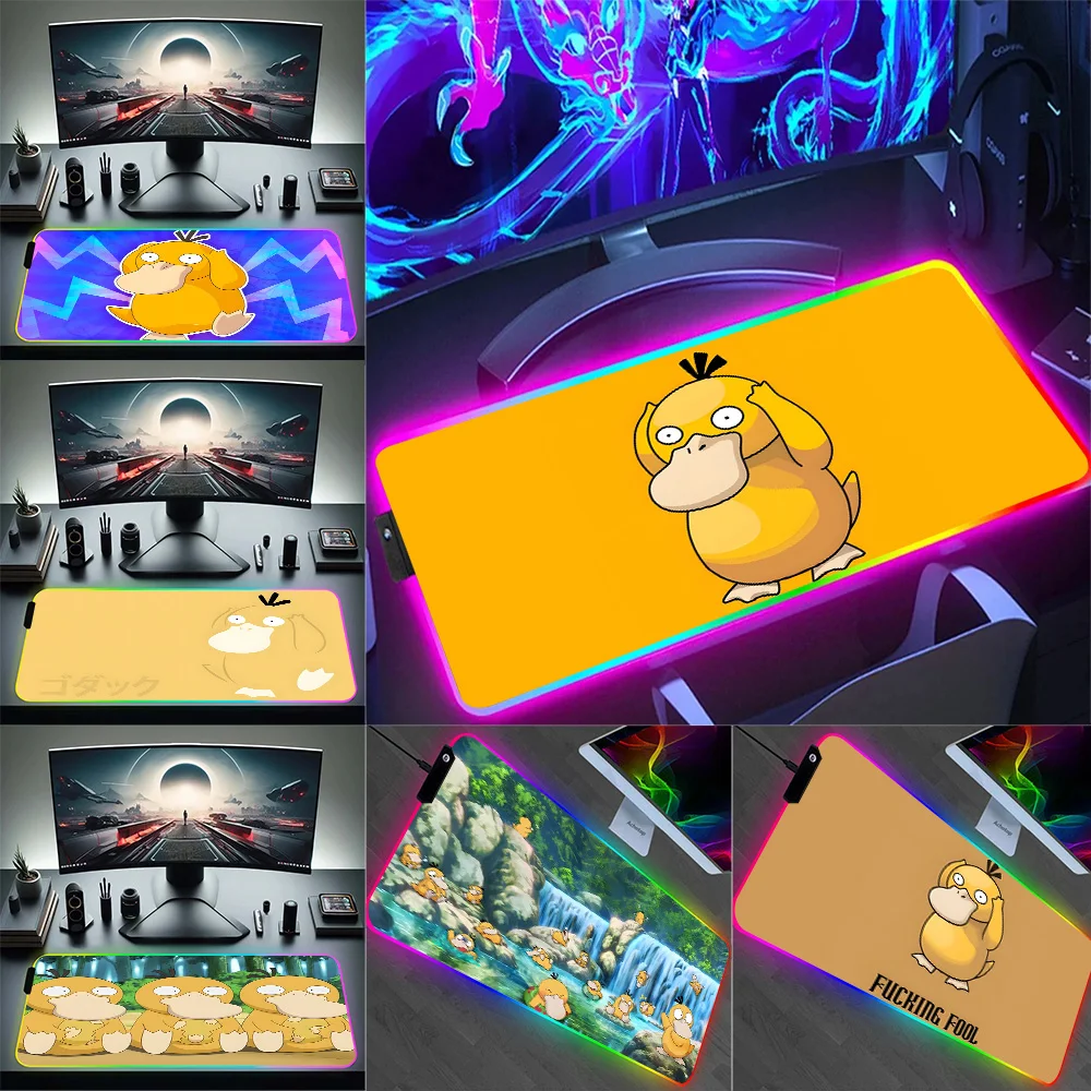 RGB Pc Gamer Keyboard Mouse Pad Mousepad LED Cute Psyducks Glowing Mouse Mats Rubber Gaming Computer Mausepad