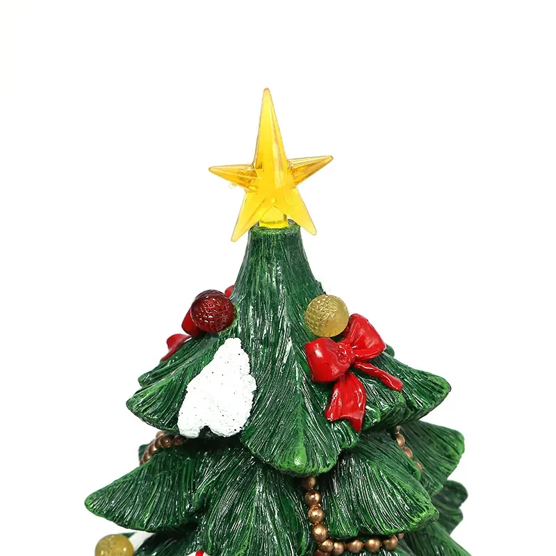 Christmas Tree Mini Train Ornament with Lights and Music Box Resin Hut Decoration Holiday Gift for Home Desktop Display