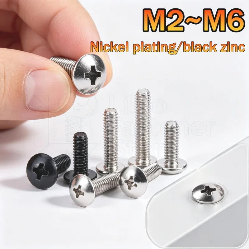 Carbon Steel Large Flat Round Head Screw Phillips Umbrella Head Bolt Nickel Plated / Black M2 M2.5 M3 M4 M5 M6 TM Screws Bolts