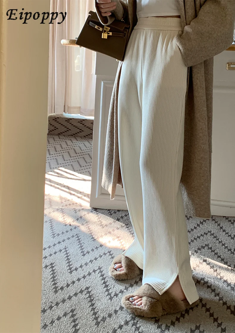 سراويل نسائية عالية الخصر سروال قصير بساق واسعة ، سراويل غير رسمية مبطنة بالصوف ، سراويل محبوكة ، الخريف والشتاء