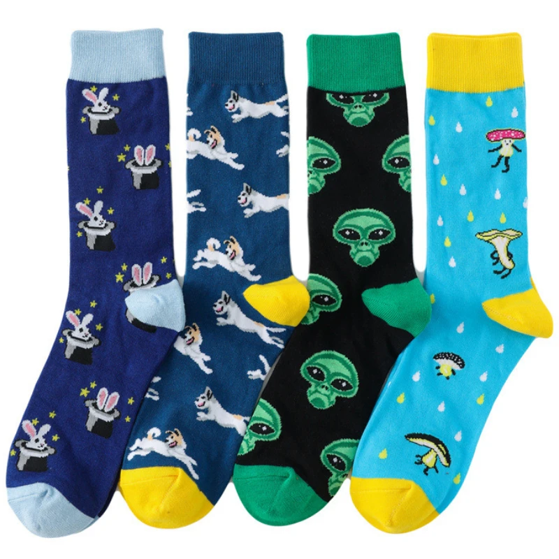 

Cartoon Combed Cotton Man Socks Creative Animal Alien Pattern Fashion Happy Funny Crew Long Socks Cool Gift