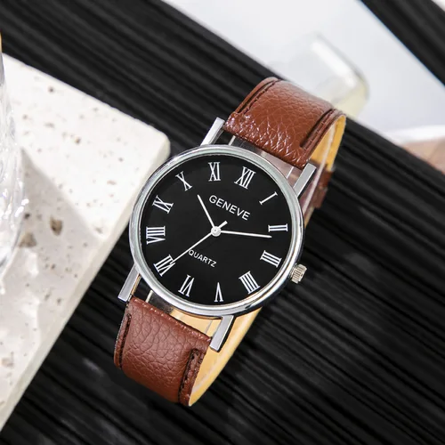 Imagen 2 del producto Reloj de cuarzo con números romanos para hombre, pulsera con correa de cuero, informal, de negocios, a la moda, regalo de lujo, marca famosa