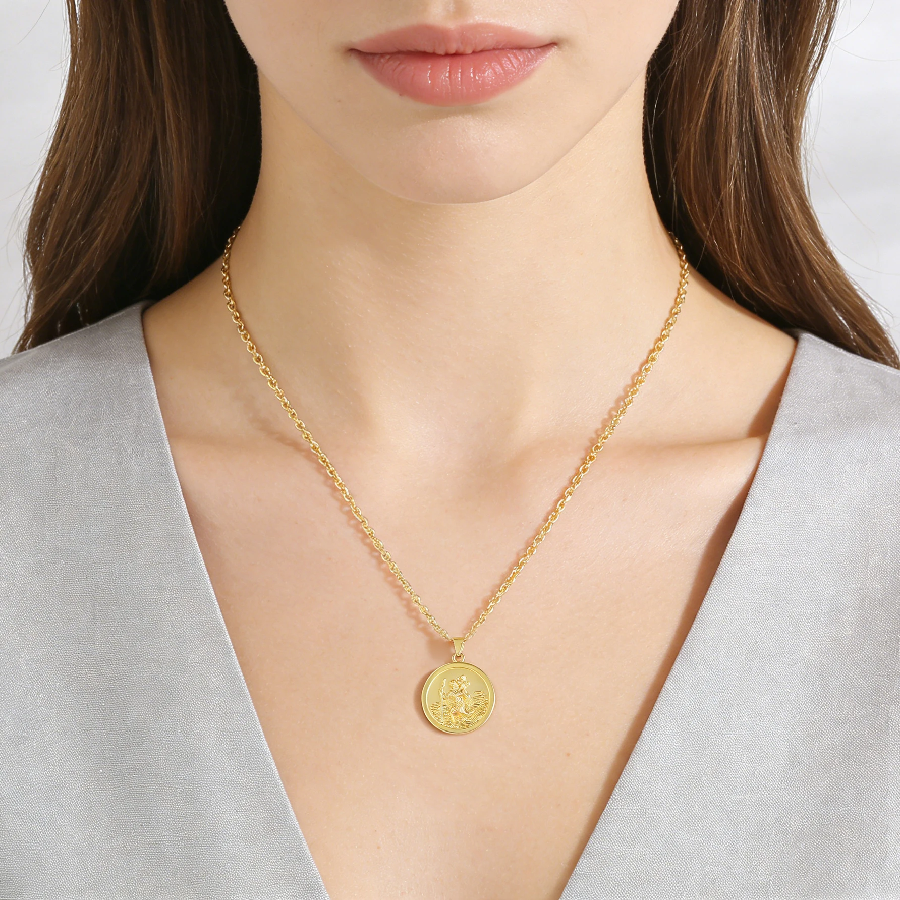SUNSLL New Retro Style Gold Plated Round St Christopher Pendant Necklace Unisex Fashion Versatile Personalized Party Jewelry view 6