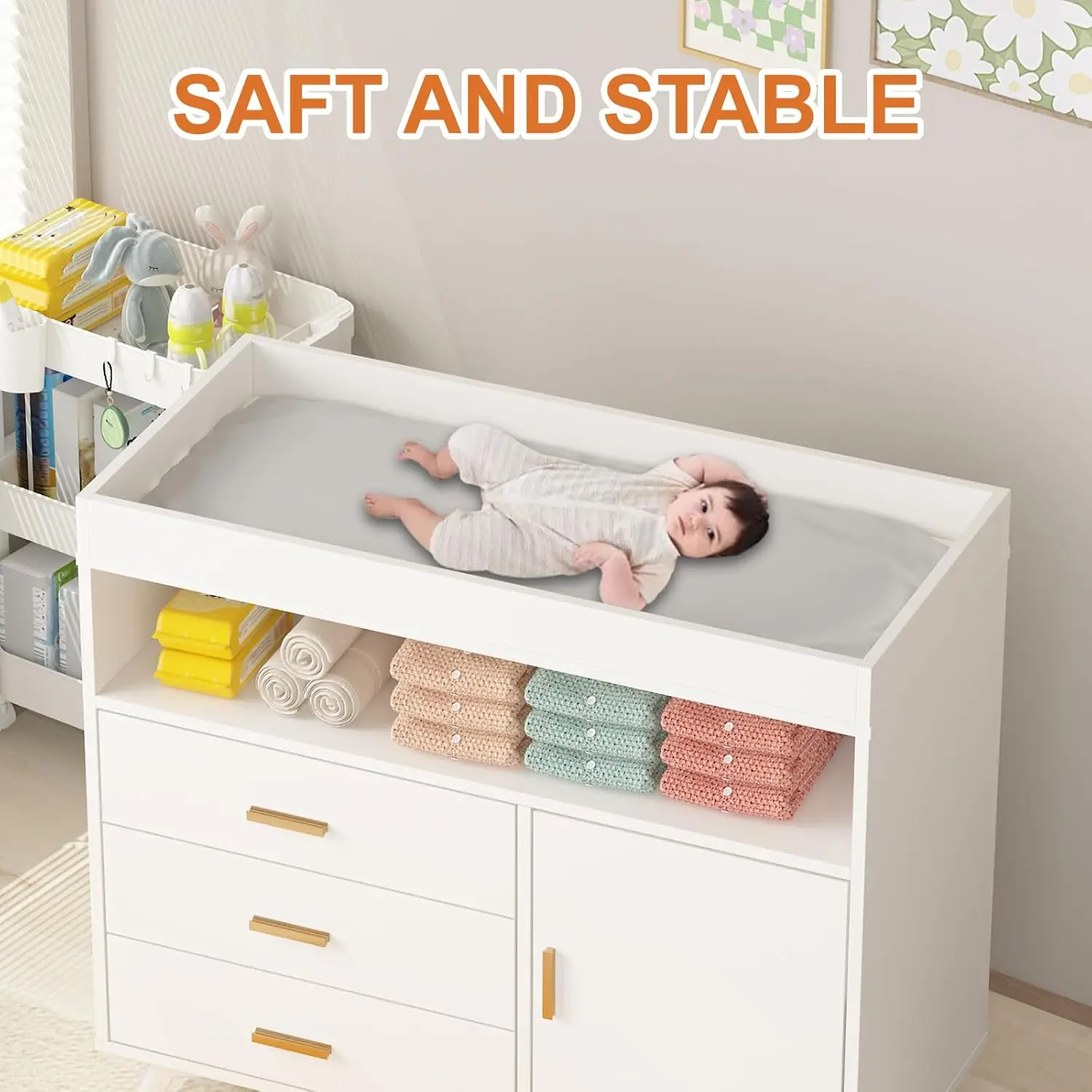 Деревянный пеленальный столик, комод, шкаф для хранения с 3 ящиками и съемной пеленальной площадкой, многофункциональная станция для пеленания подгузников