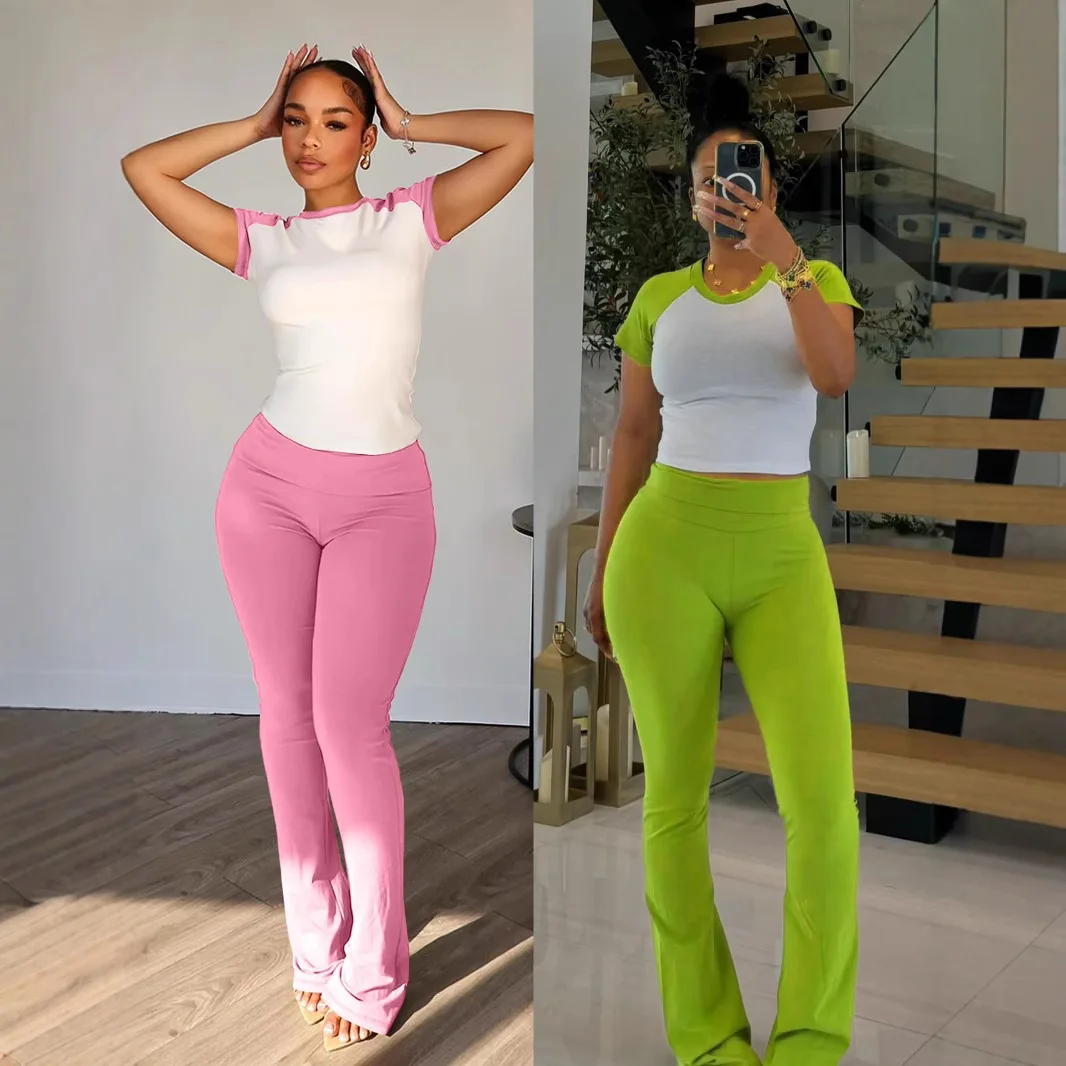 2025 Primavera Estate Donna Pantaloni da yoga Set Color Block Manica raglan Abbigliamento sportivo Completo a due pezzi Set da allenamento di media resistenza