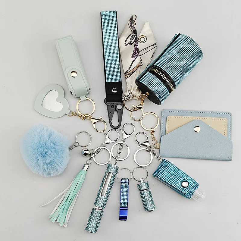 11Pcs/Set Women Self-Defense Outdoor Personal Safety Keychains Set Rhinestone Keyring Pendant Alarm Keychasin