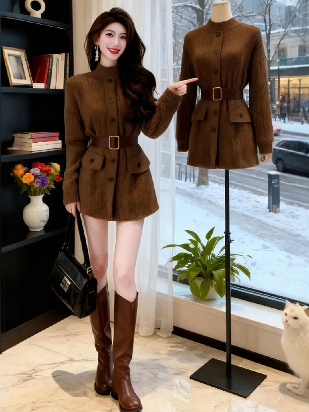 

Retro Ladylike Knitted Dr Slim Fit High Waist Winter Faion ort Skirt Soft Cotton Long Sve Busin Casual Par