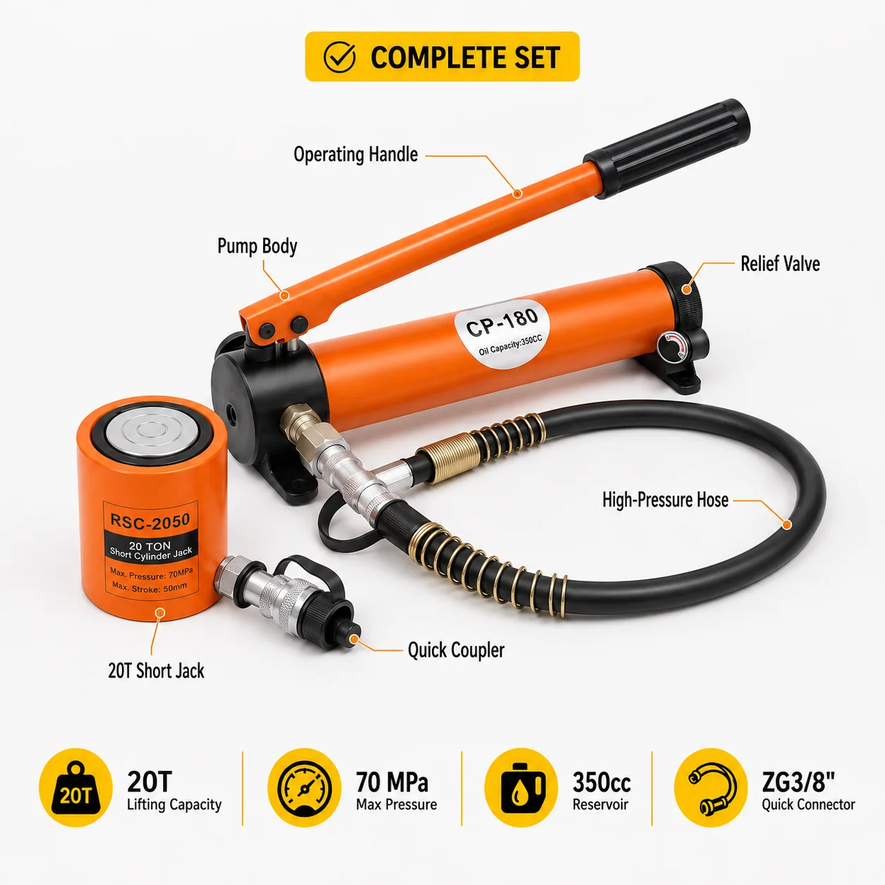 Image of 20T Hydraulikzylinder + Manuelle Hydraulikpumpe Set CP-180, 70MPa Handpumpe mit 350cc Ölbehälter, 1m Hochdruckschlauch mit ZG3/8" Schnellkupplung, 50mm Hubhöhe, ergonomischer Griff, zum Heben, Biegen,