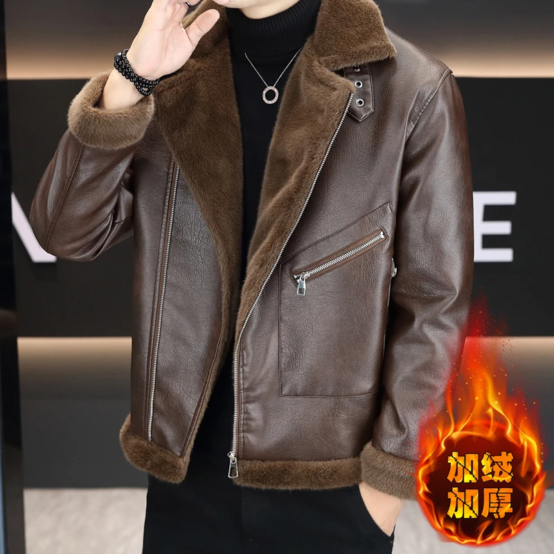 Winter Velvet Thickened PU Leather Jacket Fashion Fur Integrated Leather Jacket Loose Motorcycle Jackets Streetwear Social Coats