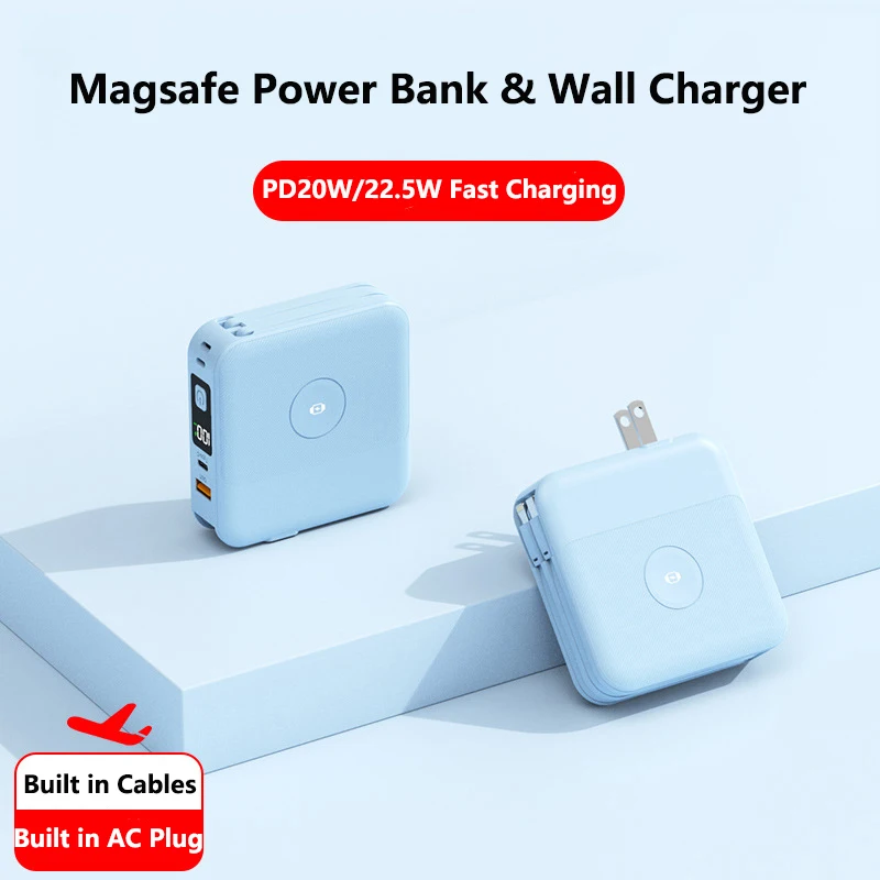 

10000mAh Magnetic Wireless Power Bank 22.5W Fast Charging for iPhone 16 iWatch Airpods Wall Charger Powerbank with Cable AC Plug