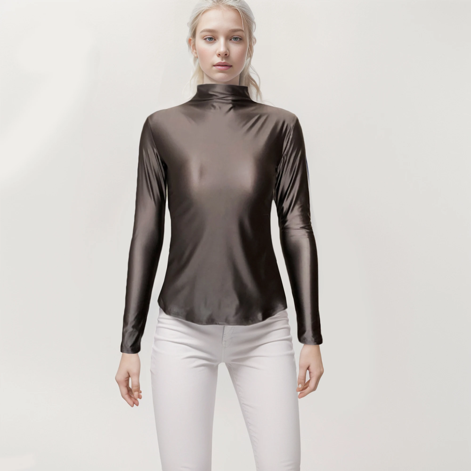 XCKNY satin glossy top sexy long sleeve high neck sports casual tight clothes sexy Yoga sportswear smooth multifunctional tights