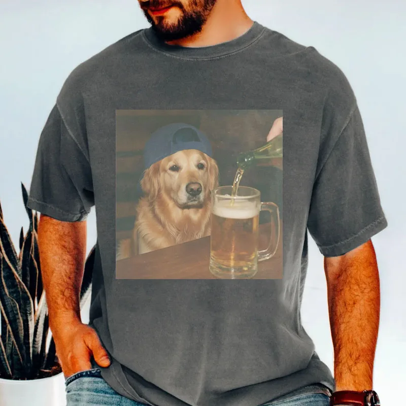 Funny Golden Retriever Drinking Beer T Shirt Men Dog Meme Graphic Tee Women Men Vintage Distressed T-shirt Streetwear