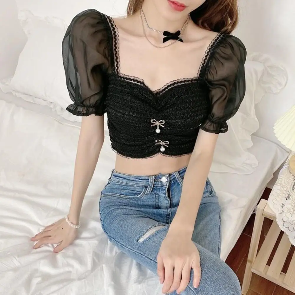 

Ins Pleated Puff Sleeve Crop Top Spicy Girl Style Slim Fit Lace Bow Knit T-shirt Female Clothing Knitwear Sweet Top Women Female
