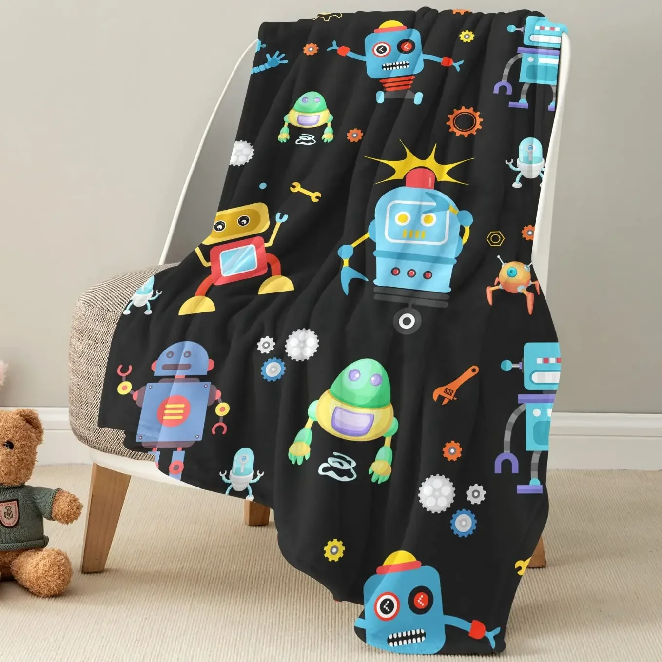 Cute Robot Friends Pattern Throw Blanket for Kids Nursery Decor Playroom Gift Cozy Bedding