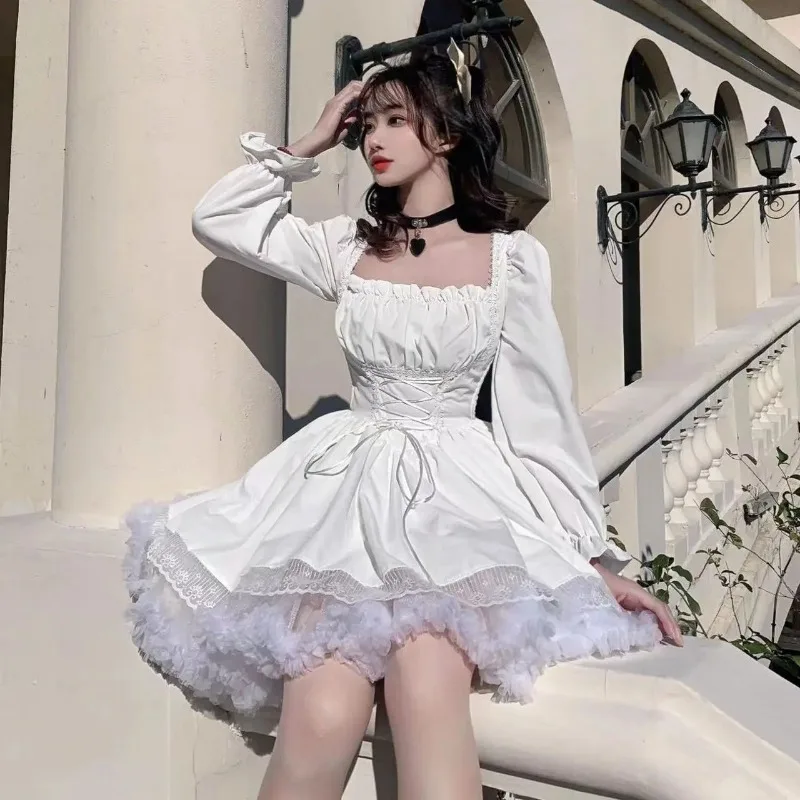 Sweet Puff Sleeve Dress Women Square Neck Kawaii Lace Partywear Lolita Cute White Princess Dress Elegant Party Vestidos Y2K 원피스