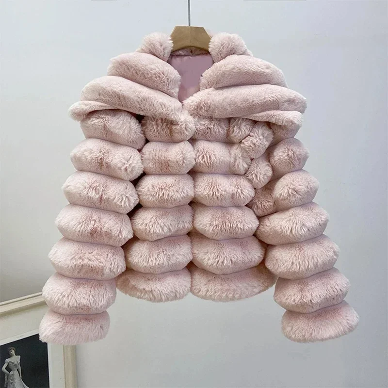 Mink Faux Fur Coat Autumn Winter Pink Fluffy Lapel Collar Coats Women Elegant Thick Warm Faux Rabbit Fur Jackets for Women Tops