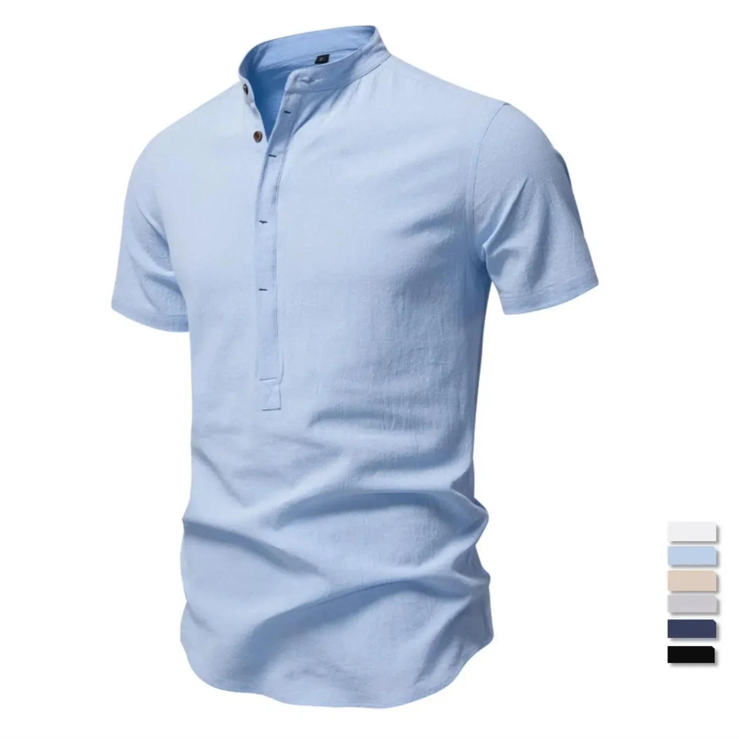 

Новые хлопковые льняные мужские рубашки с коротким рукавом, однотонные рубашки с воротником-стойкой и пуговицами для мужчин, повседневные офисные деловые рубашки для мужчин ‌