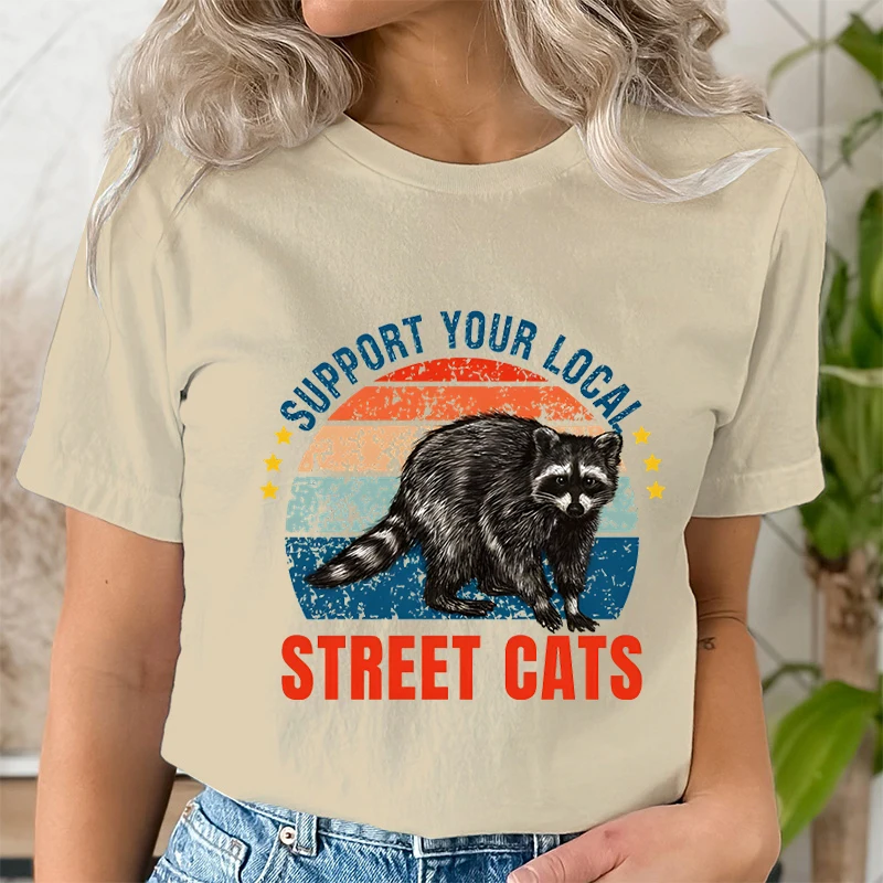 Raccoon Summer Women T Shirt Animal Support Local Street Cats Print Casual O-Neck Short Sleeve Pullover Female T-Shirt Clothing