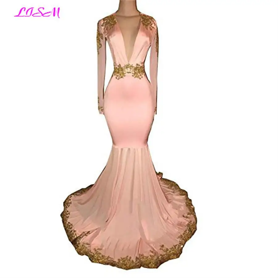 

Sexy Mermaid Prom Dress Deep V-Neck Gold Appliques Long Evening Gowns Pink Long Sleeves Open Back Party Dresses robe de soiree