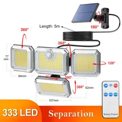 333 LED Solar Floodlight Motion Sensor Security Lamp Waterproof Garden Light 3 Head Solar Wall Lamp Outdoor Street Lights