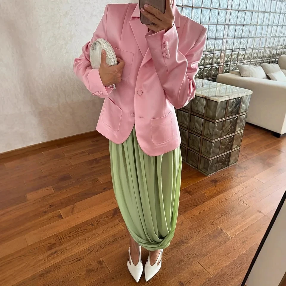 

2026 Spring Summer New Fashion Elegant Temperament Street Tulip Pleated Draped Slit Maxi Skirt Women