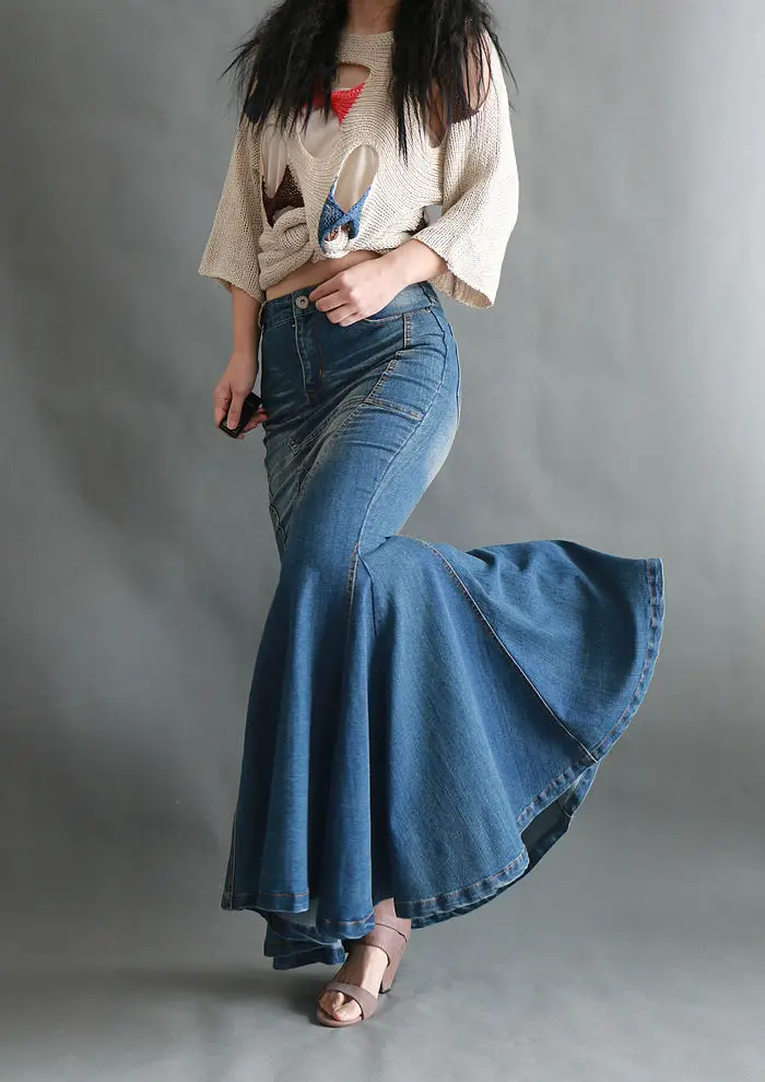 Rok Maxi Denim putri duyung mode rok panjang Swing besar Vintage pinggul ketat ekor ikan rok ketat seksi elegan