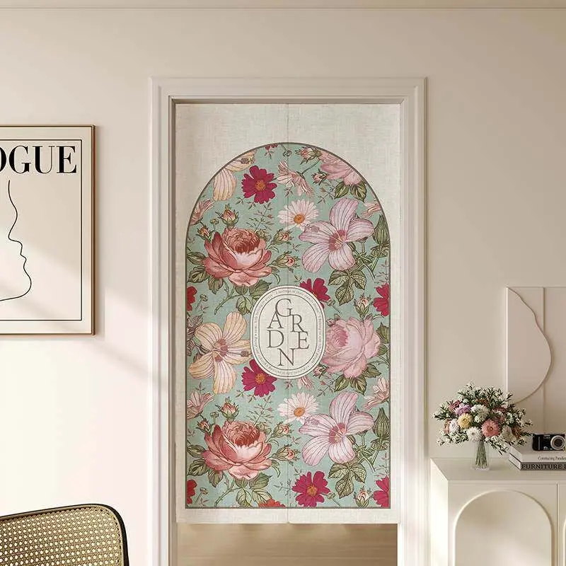 VIKAMA Vintage Mint Arch Floral Garden Door Curtain Beige Background Pink Red White Rose Daisy Hibiscus Flower Oval Badge French