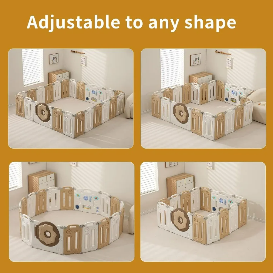 Foldable Playpen for Toddlers, Baby Fence with Game Panel and Safety Gate, Adjustable Play Pens, Portable Kids Play Yards for In