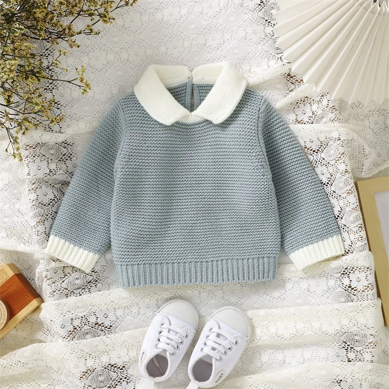 Newborn Infant Baby Girls Boys Knit Sweaters Long Sleeve Lapel Collar Contrast Color Pullover Infant Fall Knitwear Tops