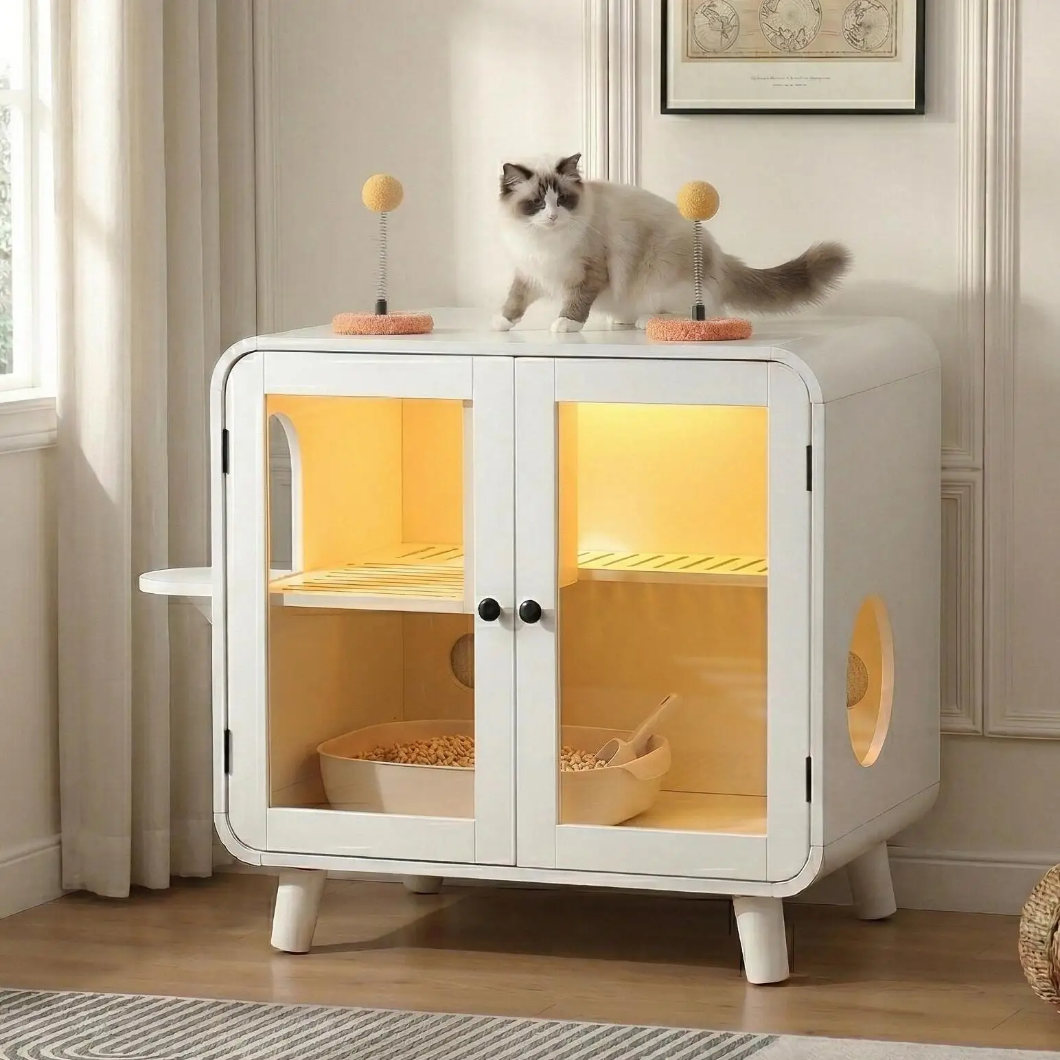 Hidden Cat Litter Box Enclosure with RGB LED Light Large Capacity Remote/App/Voice Control Glass Doors White