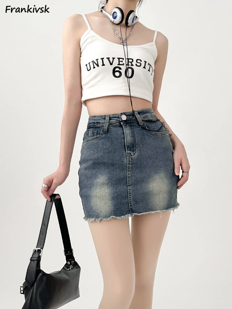 

Frayed Skirts Women European Style Retro Patchwork Denim Washed Vintage Summer 2023 High Waist Hotsweet Harajuku Slim Above Knee