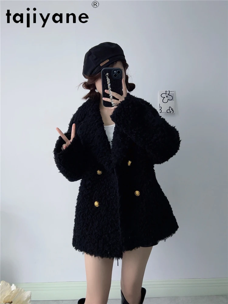 Tajiyane 100% Wool Coats for Women 2024 Autumn Winter Fashion V-neck Sheep Shearing Jacket Suit Collar Korean Style Fur Coats