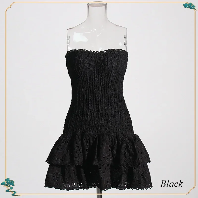 เดรสเซ็กซี่ทรงเข้ารูปสำหรับผู้หญิง ตัดเย็บแบบหลายชั้น ชายระบาย จับจีบ สายเดี่ยว ไร้แขน เปิดไหล่ เอวสูง ทรงมินิเดรส เสื้อผ้าผู้หญิง