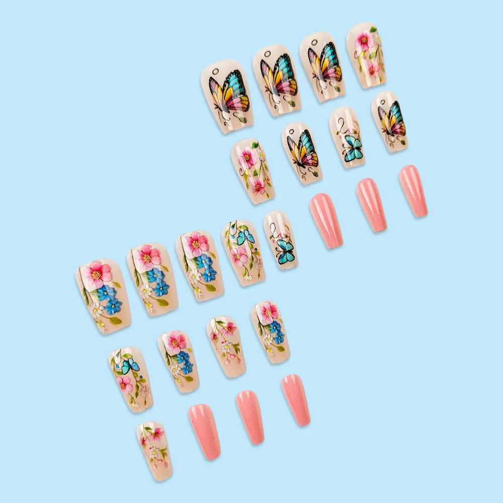 24 Uds uñas postizas para pegar listas flor de primavera puntas de uñas de mariposa arte de uñas Simple uñas cortas prensa acrílica en uñas adhesivas