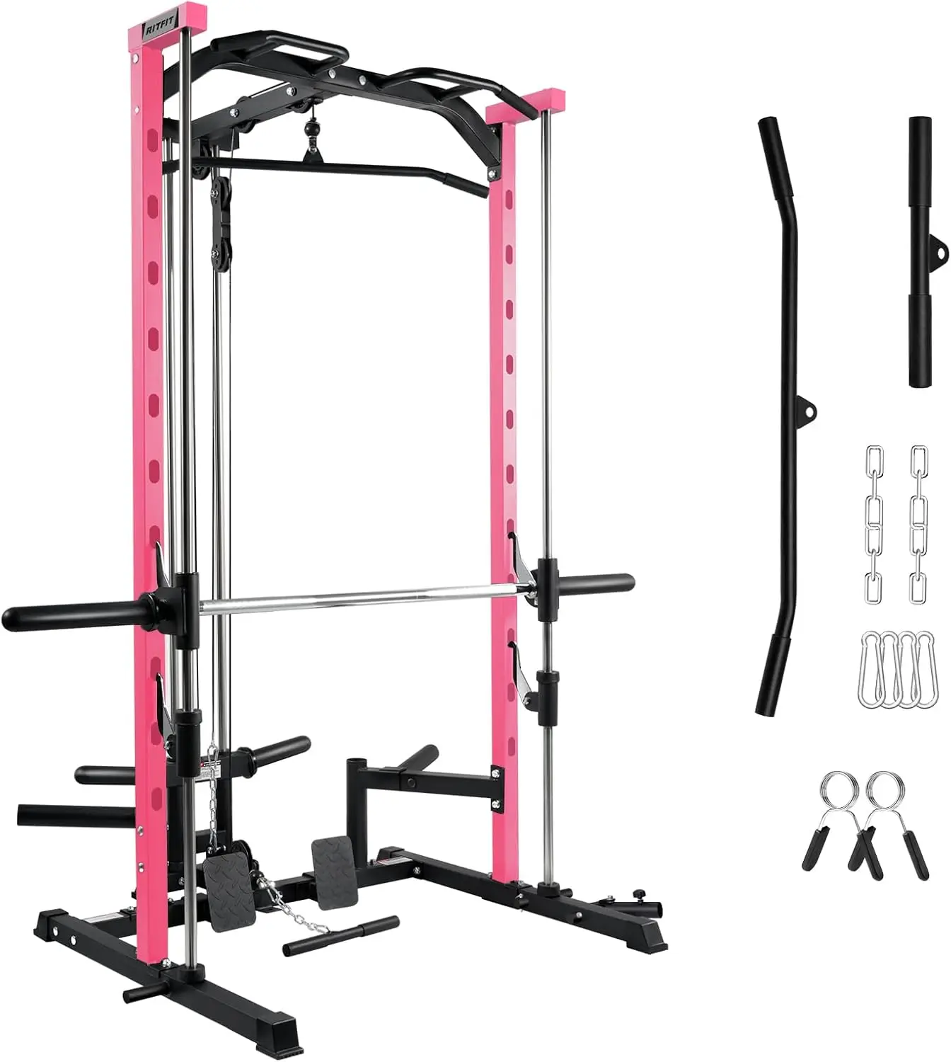 

Smith Machine Power Rack with LAT-Pull Down, Landmine, Barbell Bar & Plate Storage for Home Gym