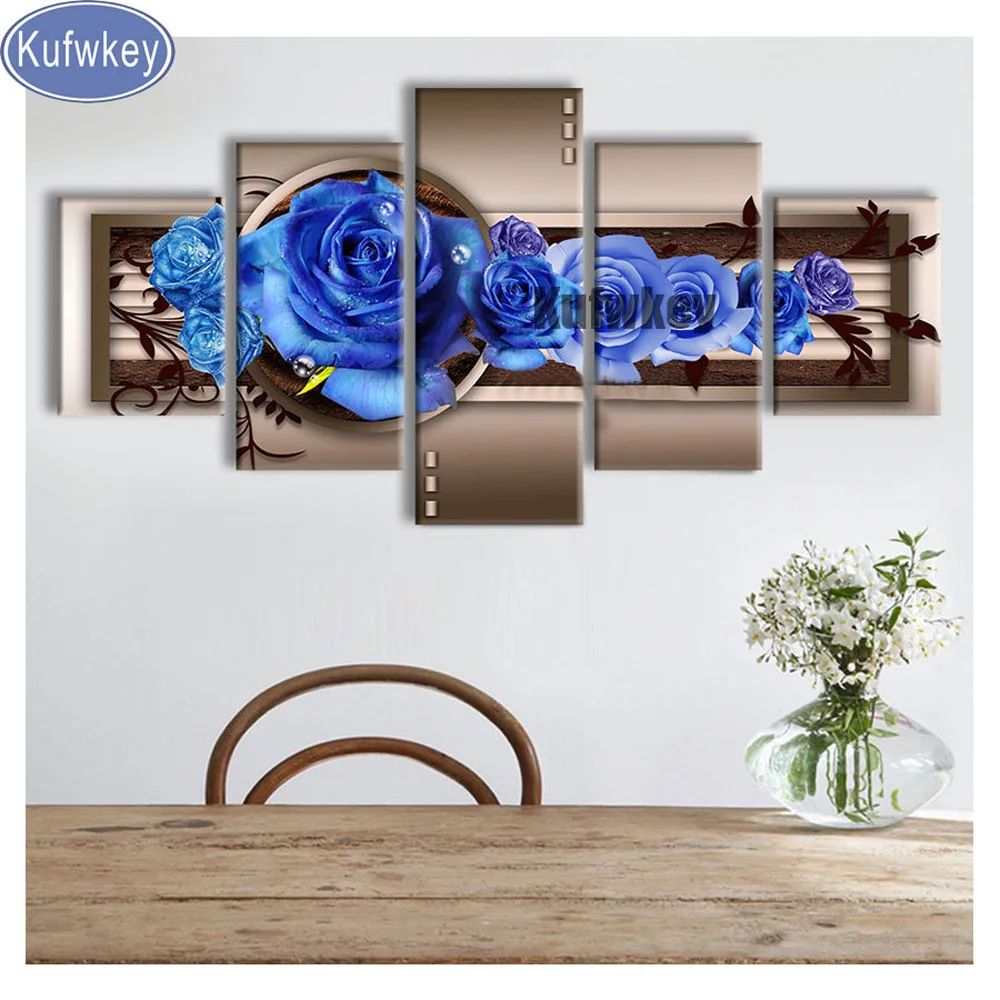 

5 Piece diamond embroidery blue roses flowers mosaic diamond painting full square/round drill still life bedroom room decor,