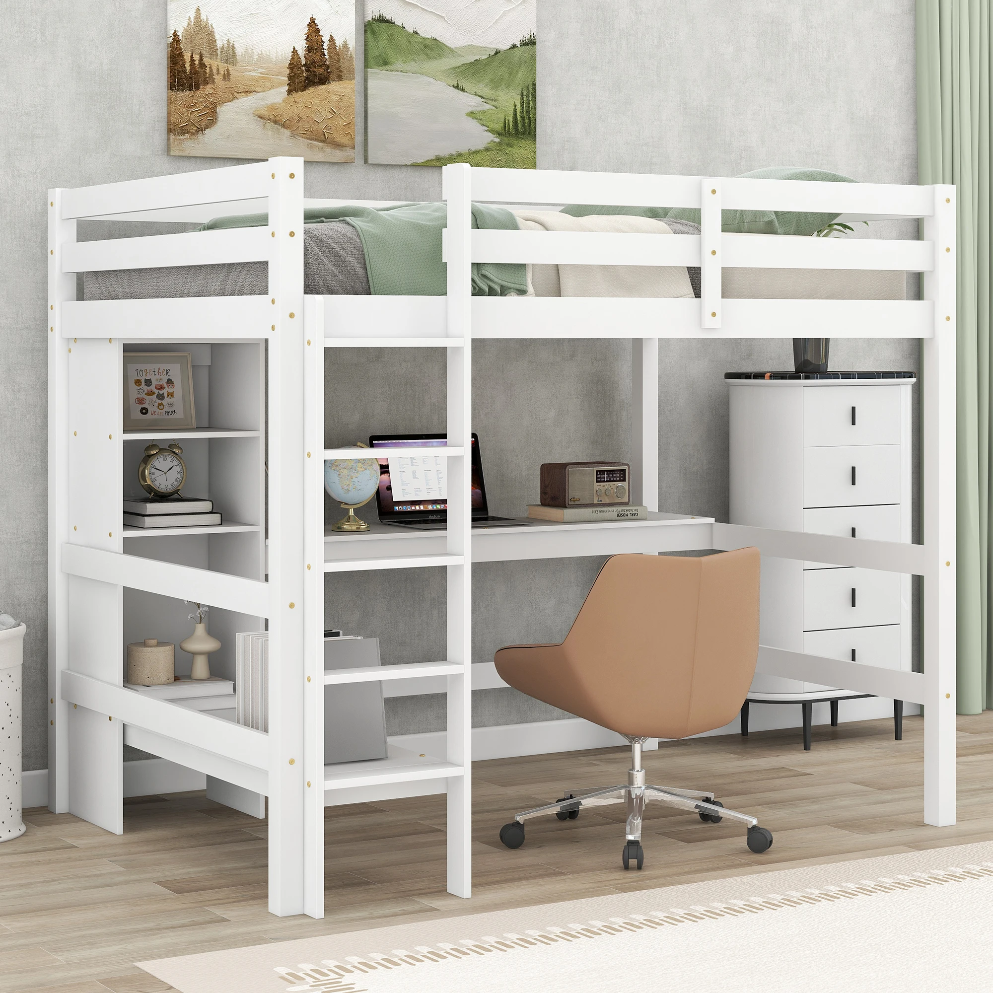 

Full Size Loft Bed with Multifunction Shelves and Under-bed Desk, White 79.50x57x67.50 in.