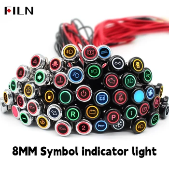 FILN 8mm símbolo LED luz indicadora 12V 24V preto metal indicador traço luz piloto com fio painel do carro ruck máquinas