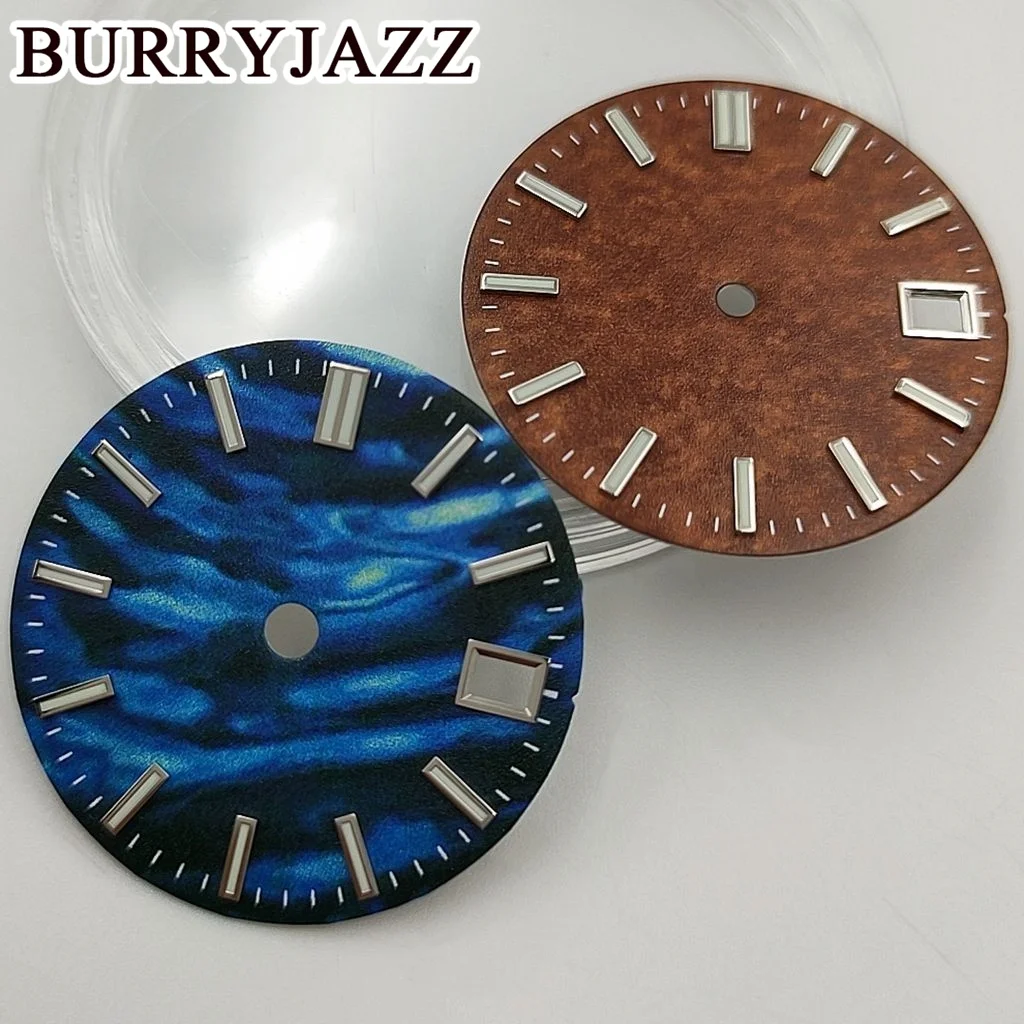 BURRYJAZZ 28.5mm No Logo NH35 Watch Dials Black Blue Grey Brown Dial Green Luminous Fit 3 O'clock 3.8 O'clock Case Crown