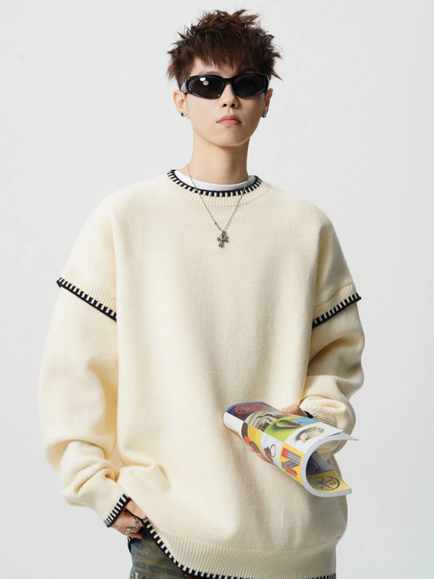 

Trendy Lace Knitted Sweater Men Winter American Design Color Overhead Heavy High Street Casual Couple Top