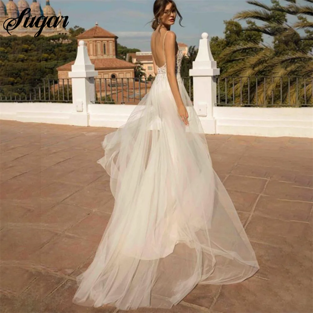 Strand Brautkleider Spaghetti träger Meerjungfrau Brautkleid rücken freie Prinzessin langes Brautkleid Boho Braut Kleid Robe de Mariée