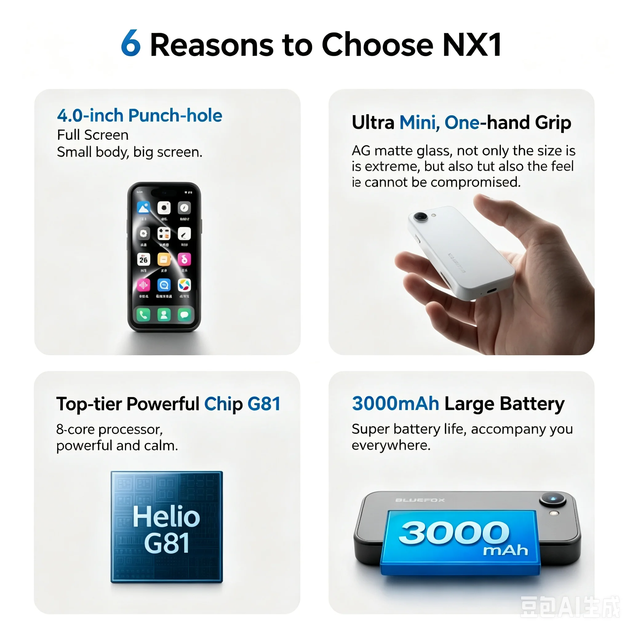 Bluefox NX1 Mini Smartphone Android 15, ekran 4.0 cala, Dual SIM, Dual Standby, mały telefon