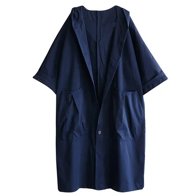 Spring Autumn Womens Loose Pocket Hooded Coat Long Jacket