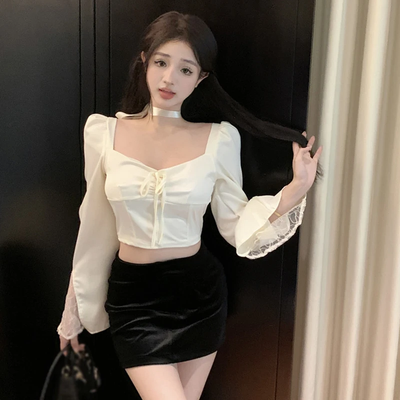 Women\'s Square Neck Lace Splicing Tie Long Sleeve Blouse Top Satin Revealing Flared Sleeve Pullover Shirt