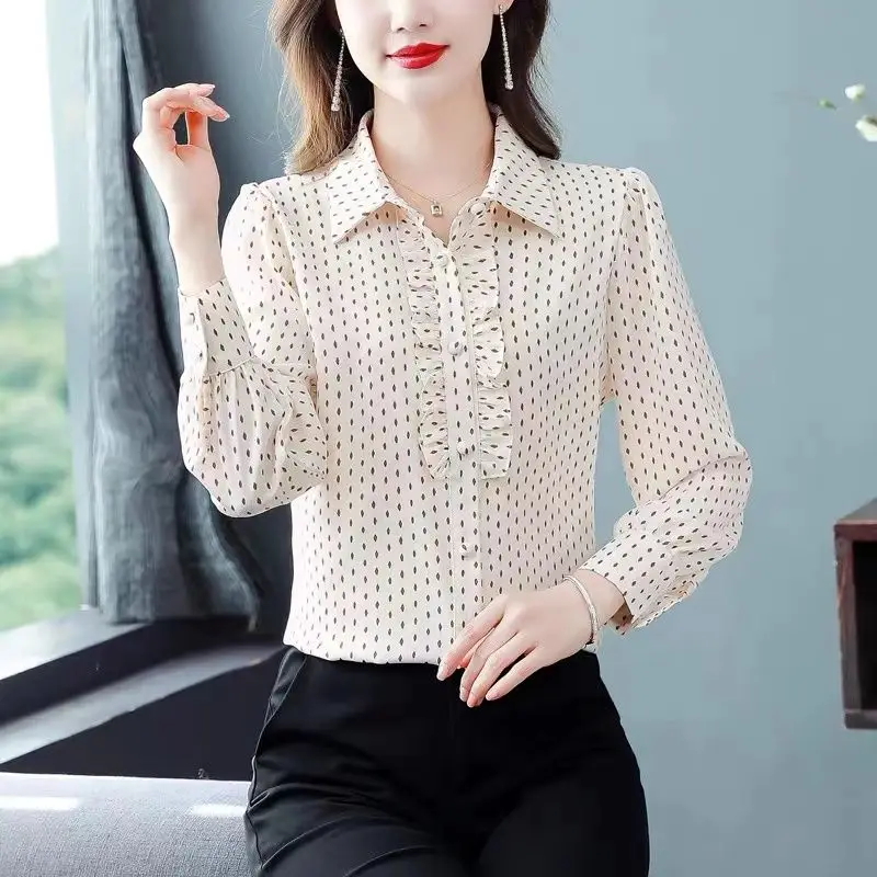 Women\'s Korean Fashion Ruffle Striped Print Button Up Shirt Elegant Lapel Commute Chiffon Blouse Casual Loose Tops Ropa De Mujer