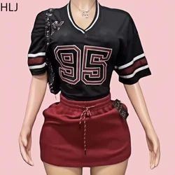 HLJ Y2K Streetwear Women V Neck Letter Print Hollow Loose Tshirts And Drawstring Mini Skirts Two Piece Set Fashion 2pcs Clothing