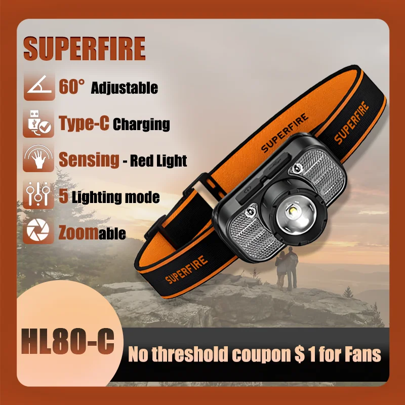 

SUPERFIRE HL80-C Powerful LED Headlamp USB C Rechargeable Telescopic Zoomable Sensor Headlight Fishing Camping Head Flashlight