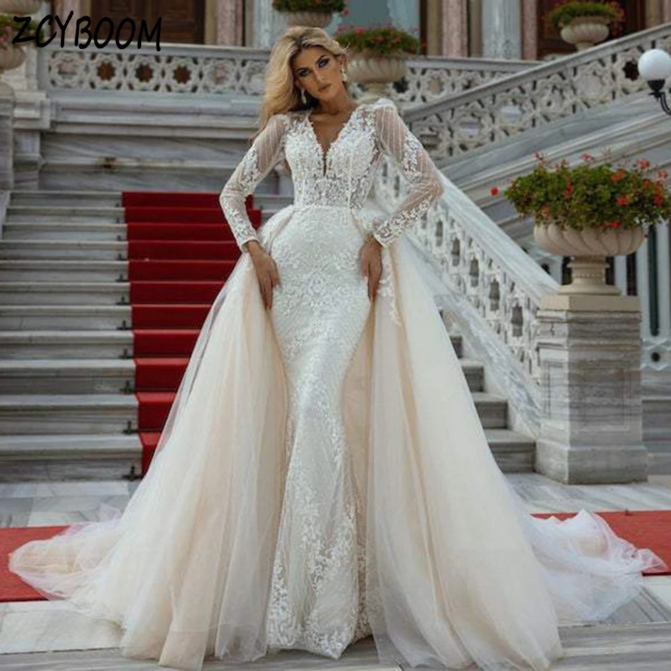 Customized V-Neck Appliques Long Sleeves Wedding Dress 2024 Mermaid Floor Length Detachable Sweep Train Princess Bridal Gown